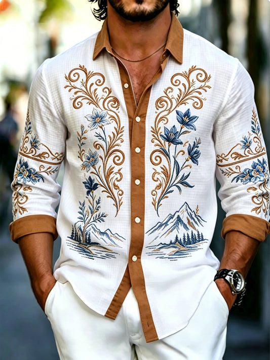Herren-Shirt im Landhausstil aus Schweizer Baumwolle und Leinen mit Kunstprint, langärmelig