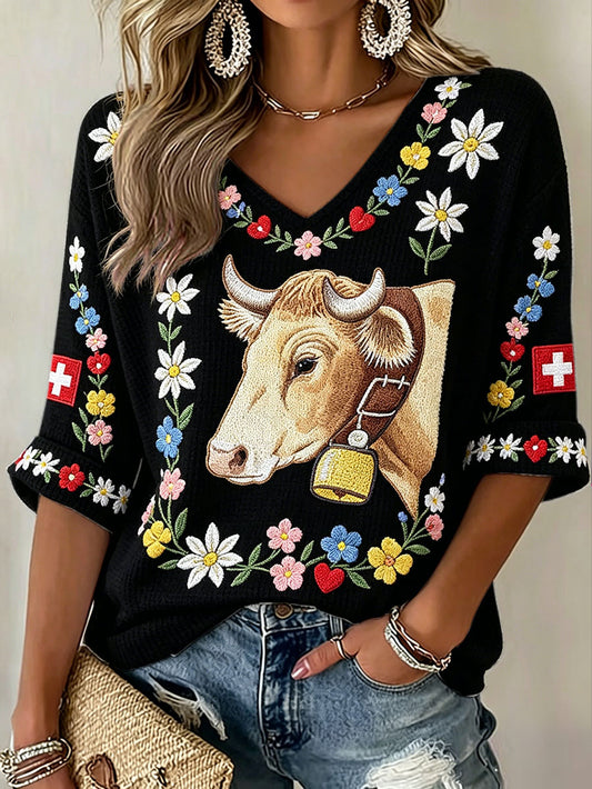 Damen-Schweizer Kuh-Blumen-Edelweiß-Kunstdruck-T-Shirt