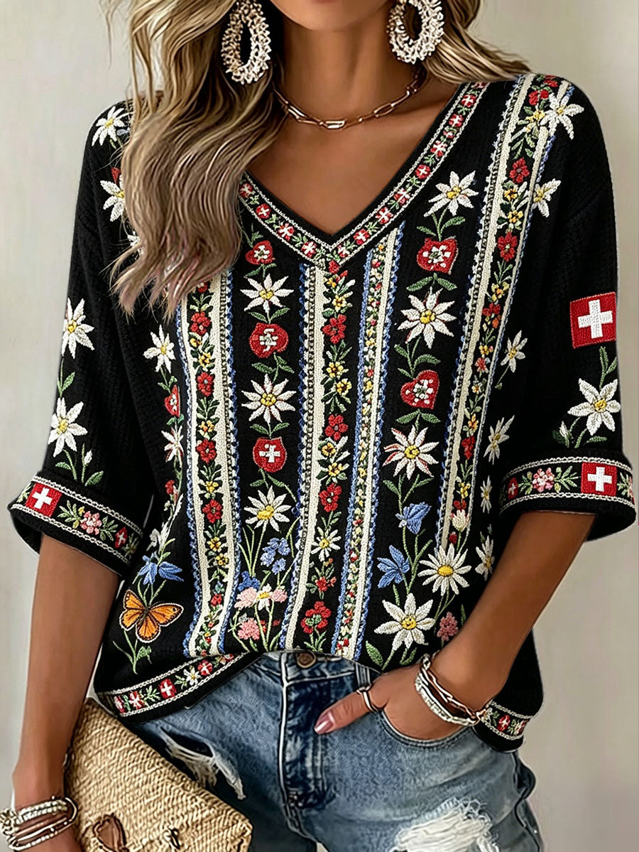 Damen-Schweizer Kuh-Blumen-Edelweiß-Kunstdruck-T-Shirt