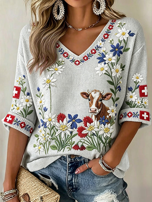 Damen-Schweizer Kuh-Blumen-Edelweiß-Kunstdruck-T-Shirt