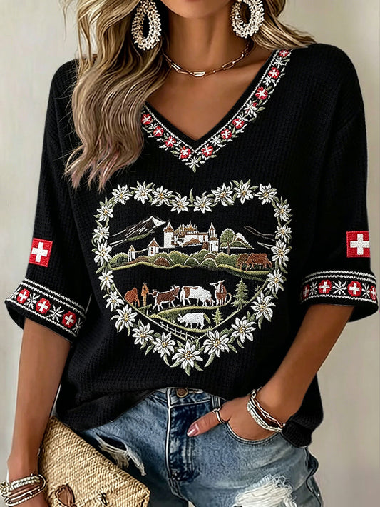 Damen-Schweizer Kuh-Blumen-Edelweiß-Kunstdruck-T-Shirt