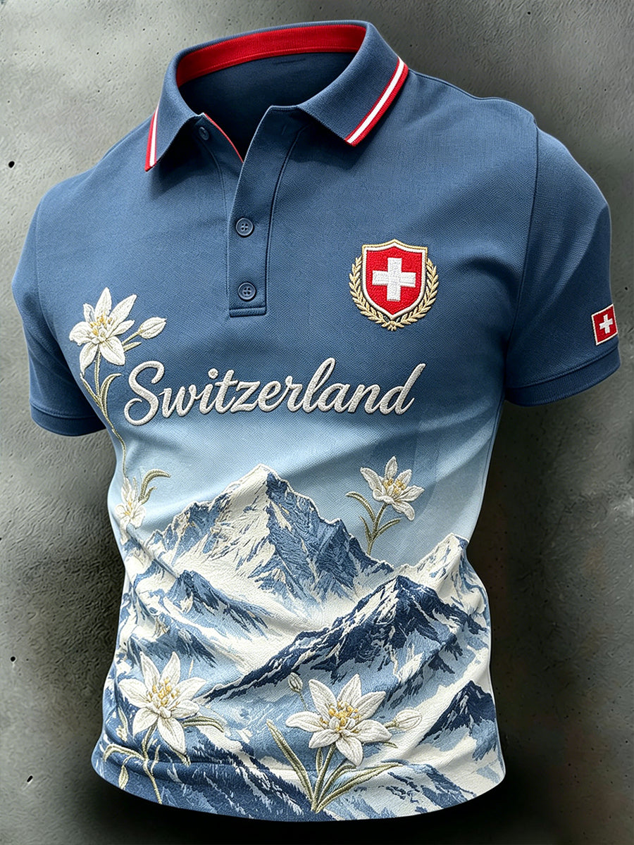 Herren-Poloshirt mit kurzen Ärmeln und Berg- sowie Blumenmuster