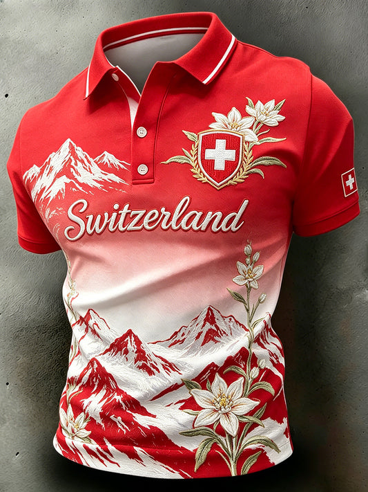 Herren-Poloshirt mit kurzen Ärmeln und Berg- sowie Blumenmuster