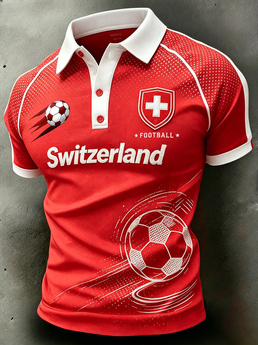 Herren-Poloshirt aus Waffelstrick mit Raglanärmeln und Fußballmotiv