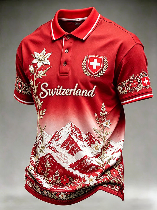 Herren-Retro-Poloshirt mit Landschaftsdruck, lässig