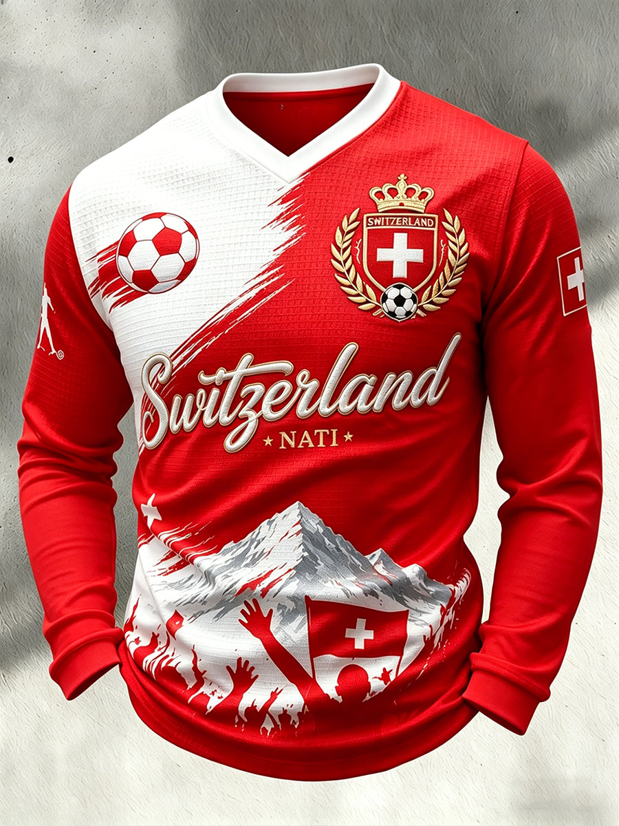 Herren-Top mit V-Ausschnitt und langen Ärmeln, aus Waffelstrick, mit Football-Motiv-Print