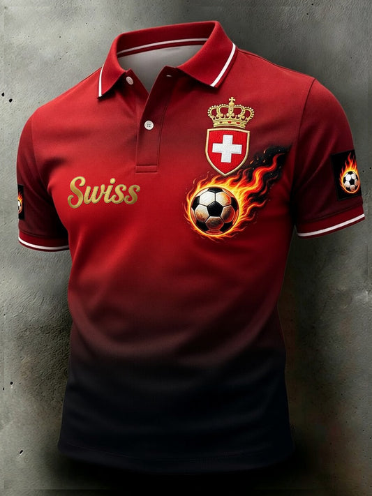 Herren-Retro-Poloshirt mit Schweizer Fußball-Fan‑Art-Print für den Alltag