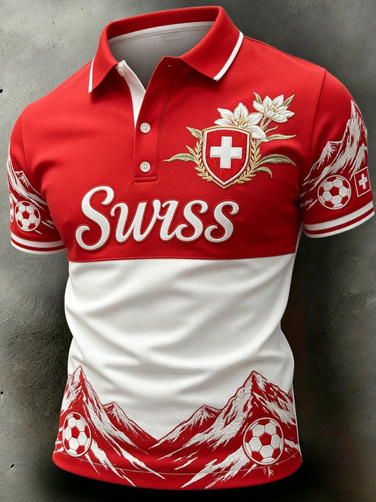 Herren-Retro-Poloshirt mit Schweizer Fußball-Fan‑Art-Print für den Alltag