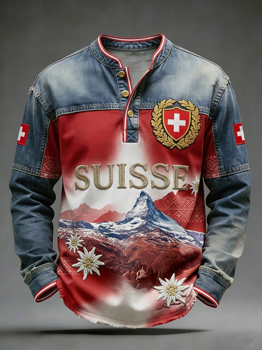 Herren-Longsleeve mit V-Ausschnitt und Landschafts- sowie Blumenmuster