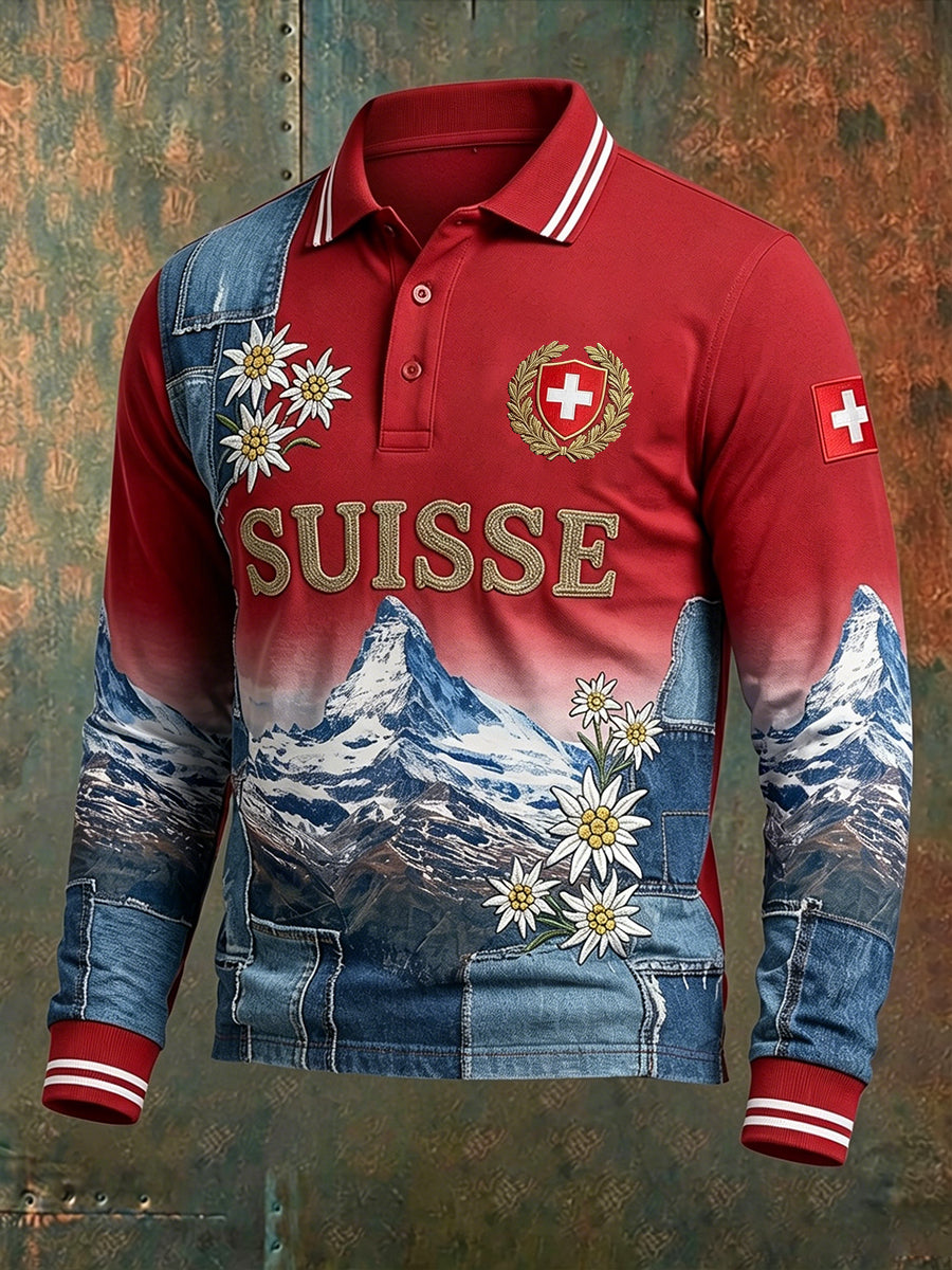 Herren-Poloshirt mit langen Ärmeln und Landschafts- sowie Blumenmuster