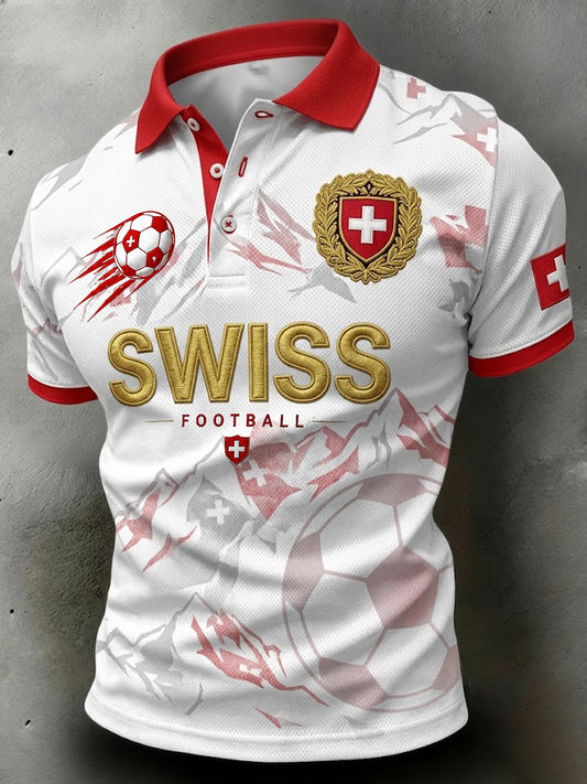 Herren-Poloshirt im Retro-Stil mit kurzen Ärmeln und kunstvollem Fußball-Print