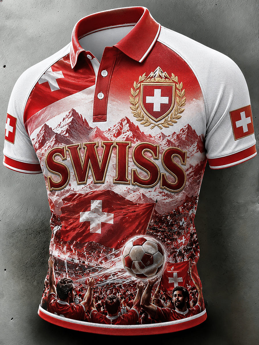 Herren-Poloshirt im Retro-Stil mit kurzen Ärmeln und kunstvollem Fußball-Print