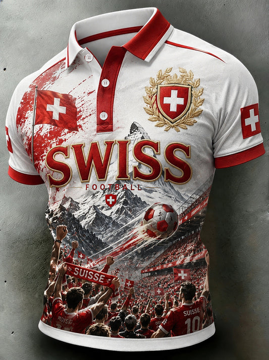 Herren-Poloshirt im Retro-Stil mit kurzen Ärmeln und kunstvollem Fußball-Print