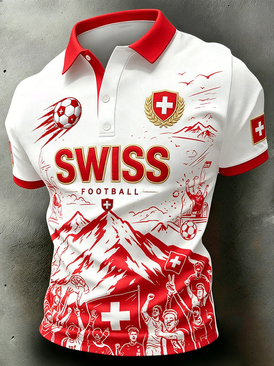Herren-Poloshirt im Retro-Stil mit kurzen Ärmeln und kunstvollem Fußball-Print