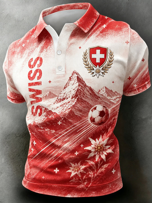 Künstlerischer Kunstdruck für Herren mit Schweizer Fußballmotiv – Poloshirt mit kurzen Ärmeln