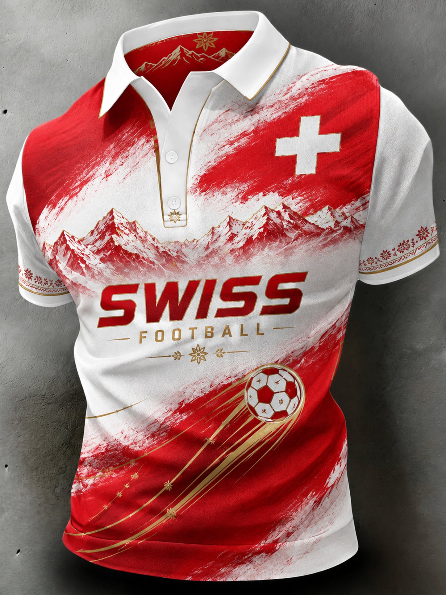 Künstlerischer Kunstdruck für Herren mit Schweizer Fußballmotiv – Poloshirt mit kurzen Ärmeln