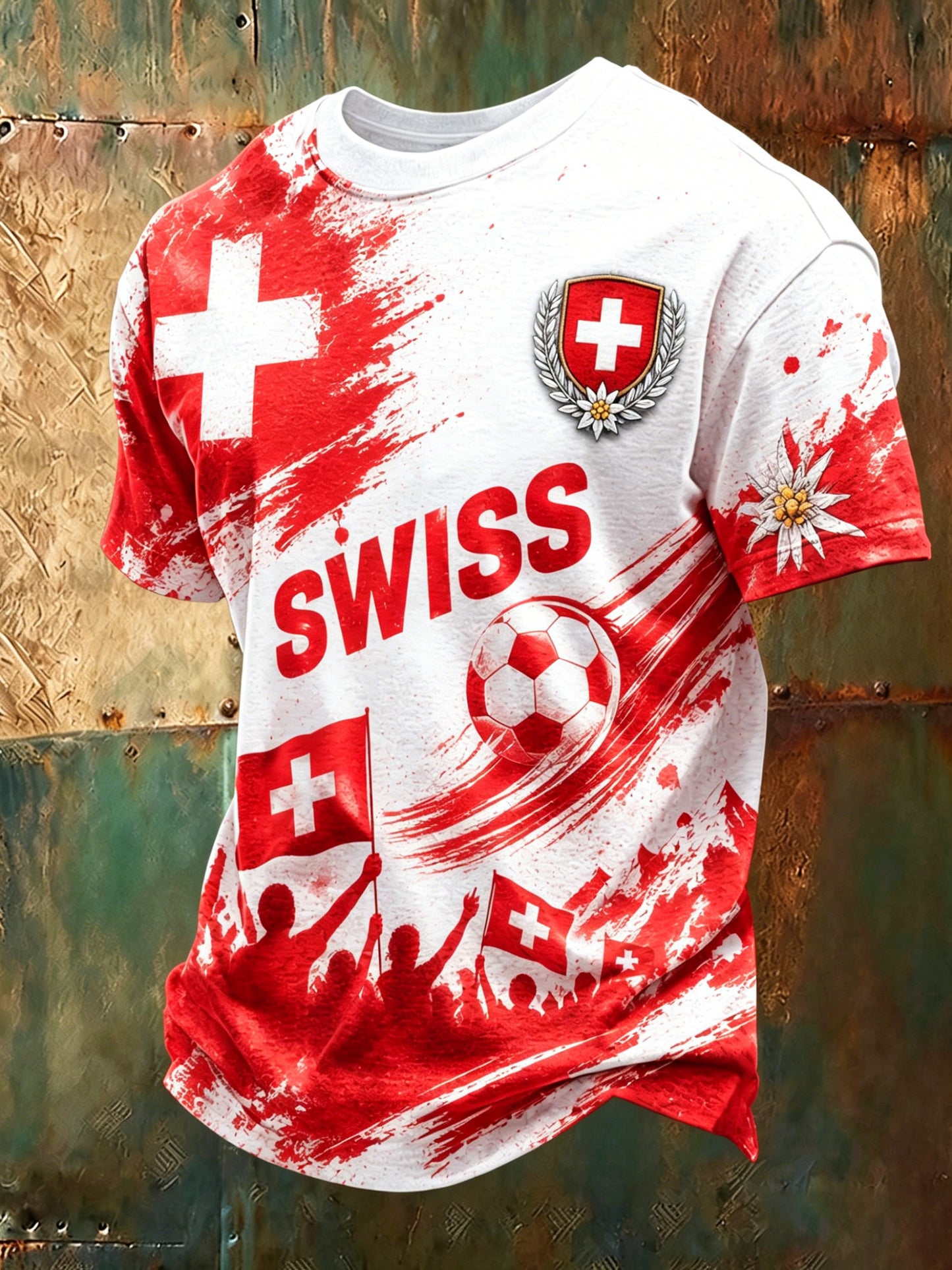 Herren-T-Shirt mit Schweizer Fußball-Fan-Art-Print und kurzen Ärmeln