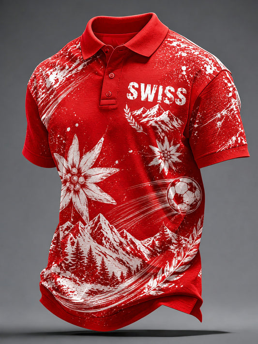 Künstlerischer Kunstdruck für Herren mit Schweizer Fußballmotiv – Poloshirt mit kurzen Ärmeln