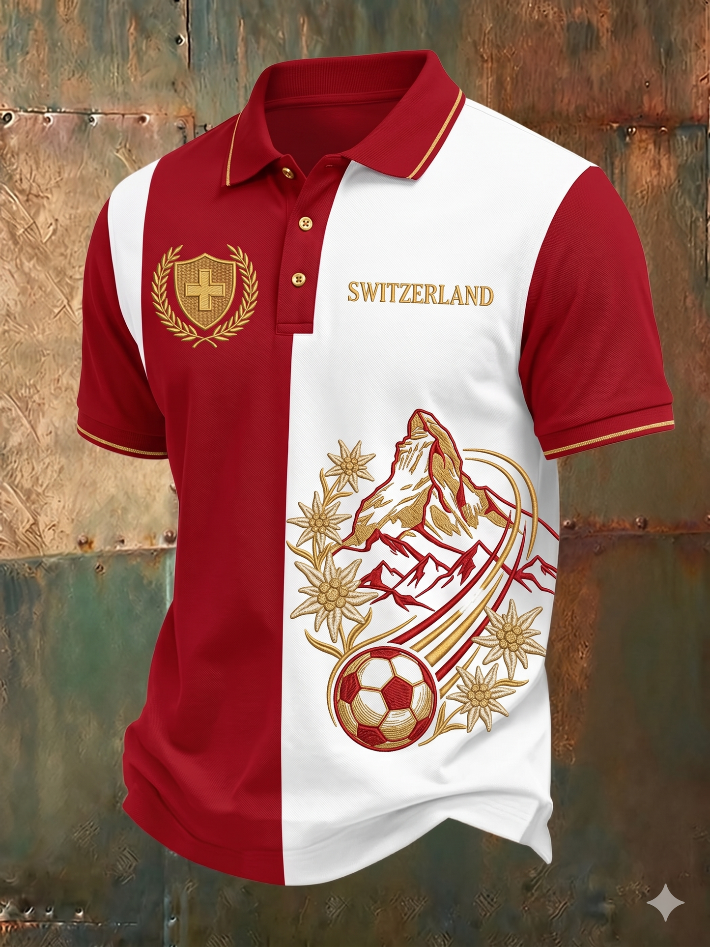 Künstlerischer Kunstdruck für Herren mit Schweizer Fußballmotiv – Poloshirt mit kurzen Ärmeln