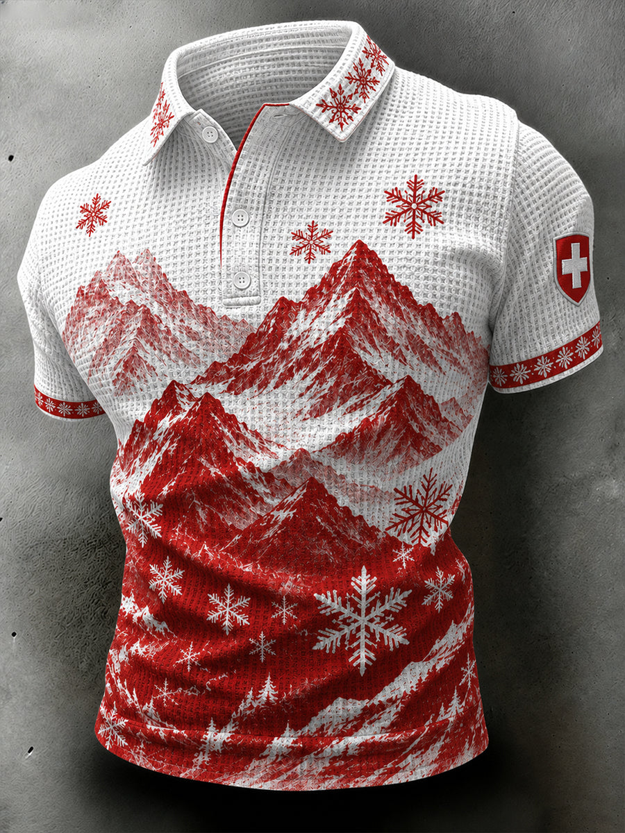 Herren-Poloshirt mit Schneberg-Print und waffelformiger Textur, kurzärmelig
