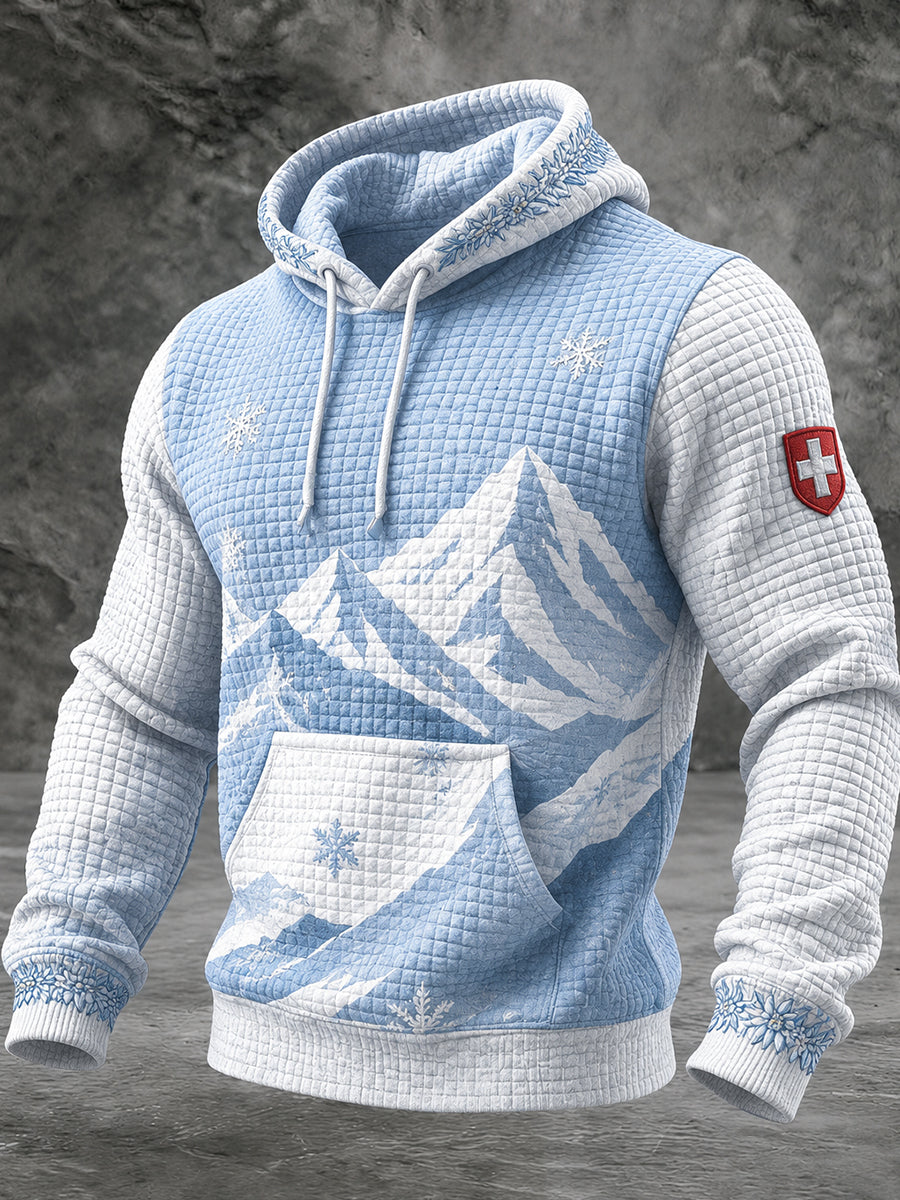 Herren-Kapuzenpullover mit Schneeberg-Print, Waffelstruktur und langen Ärmeln