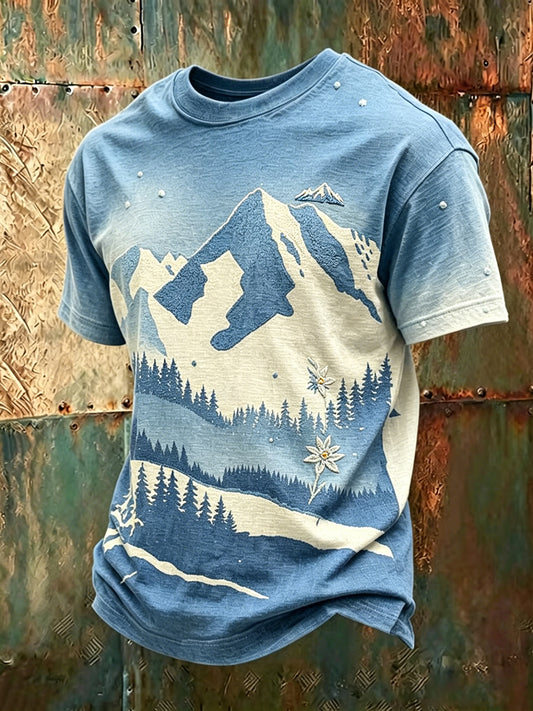 Herren-Freizeit-T-Shirt mit Blumenprint für den Schneeberg, kurze Ärmel