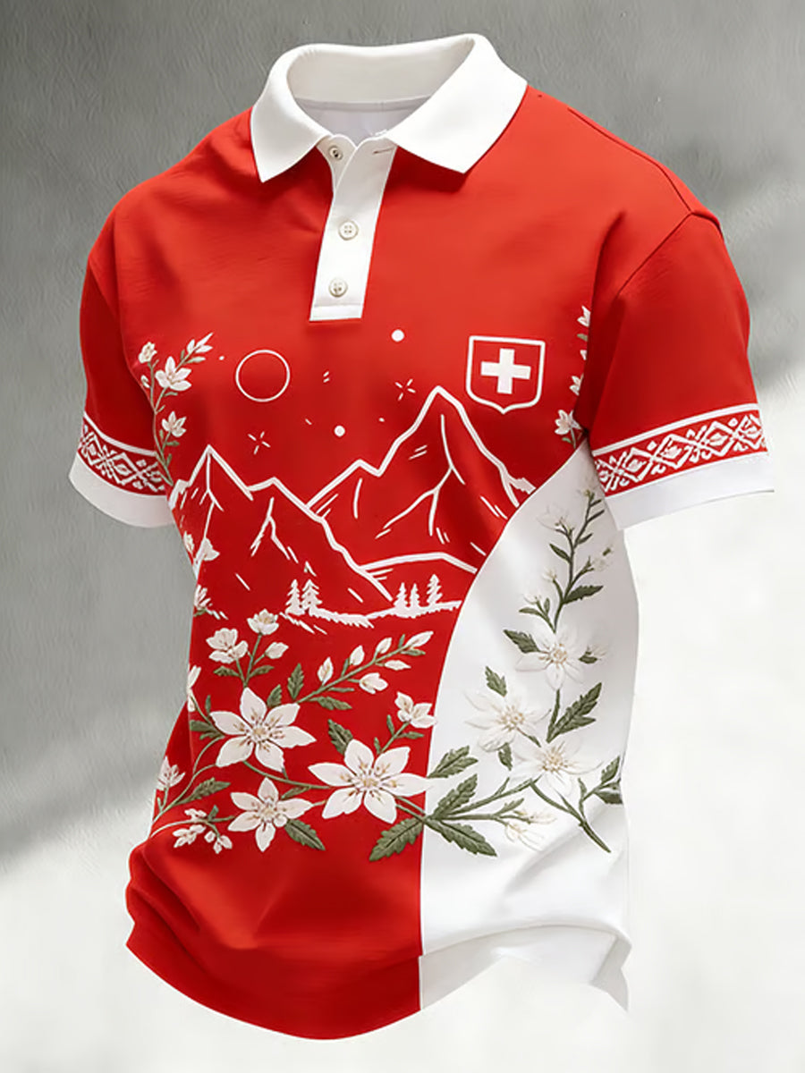 Herren-Poloshirt mit Blumen- und Berglandschaftsdruck, lässig, kurzärmelig