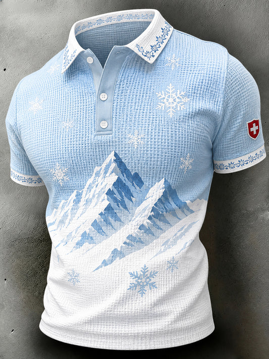 Herren-Poloshirt mit Schneberg-Print und waffelformiger Textur, kurzärmelig