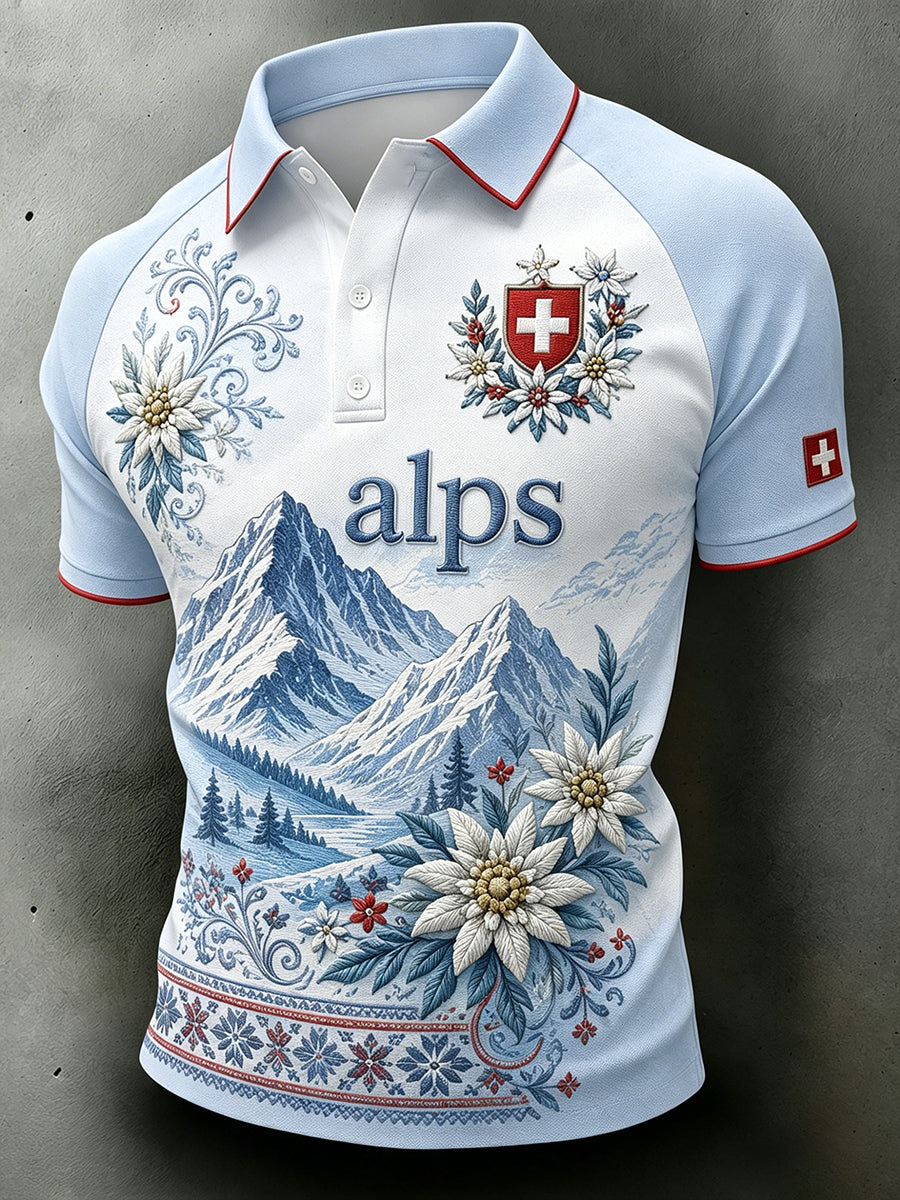 Herren-Poloshirt mit alpinem Blumenmuster und kurzen Ärmeln für den Alltag