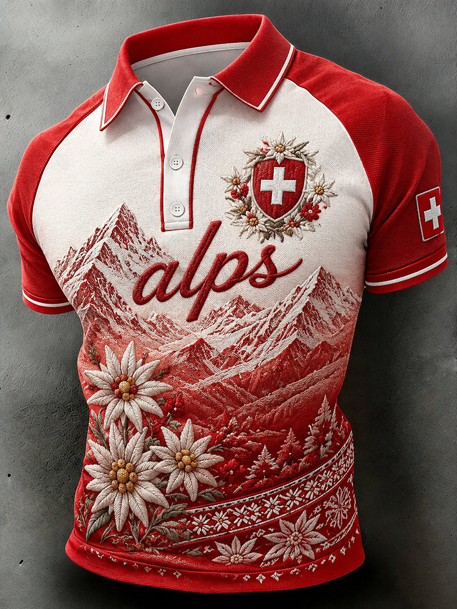 Herren-Poloshirt mit alpinem Blumenmuster und kurzen Ärmeln für den Alltag