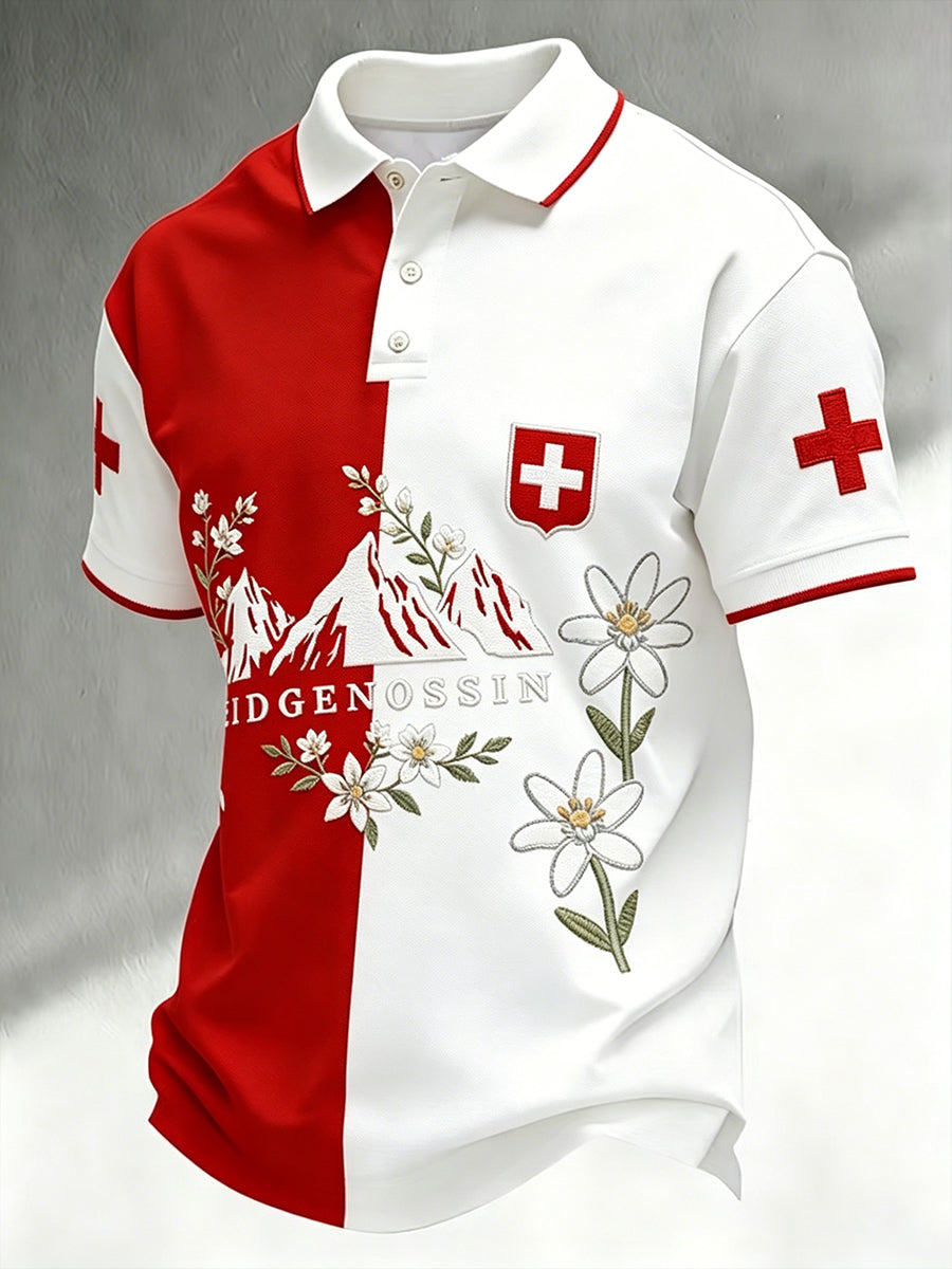 Herren-Poloshirt mit alpinem Blumenmuster und kurzen Ärmeln für den Alltag
