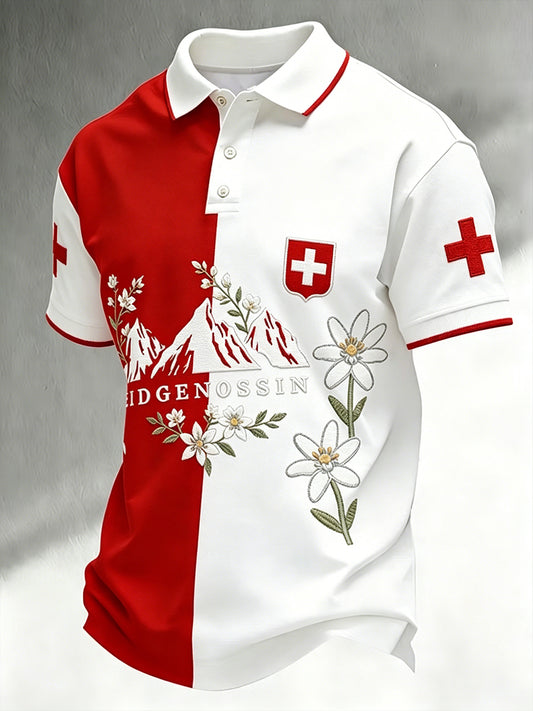 Herren-Poloshirt mit alpinem Blumenmuster und kurzen Ärmeln für den Alltag