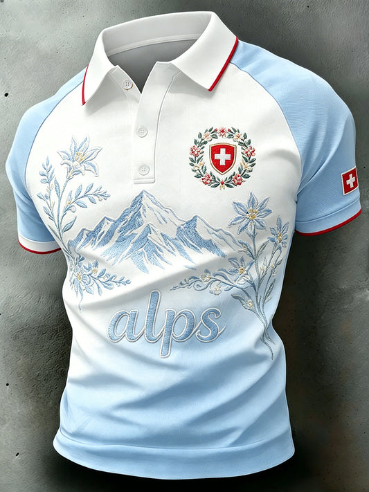 Herren-Poloshirt mit alpinem Blumenmuster und kurzen Ärmeln für den Alltag