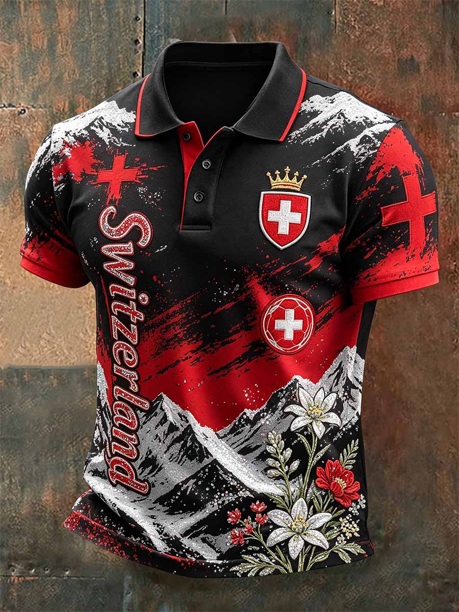 Herren-Poloshirt mit Druck der Schweizer Fussballliga, lässig geschnitten