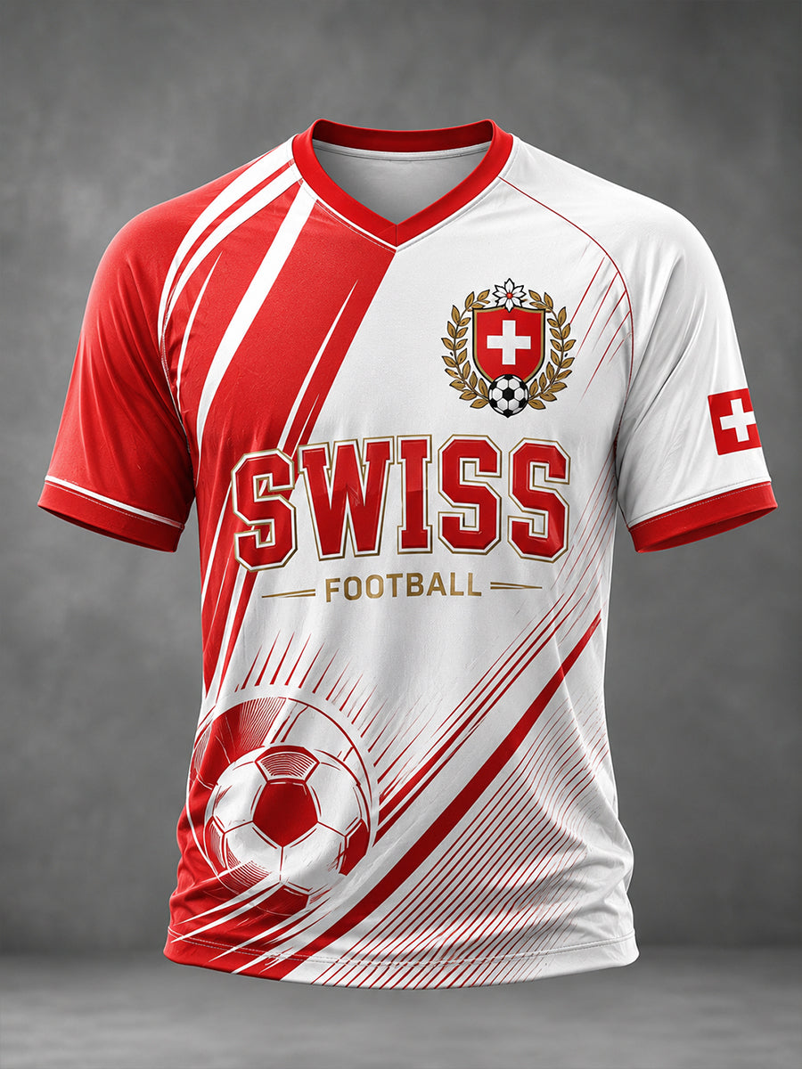 Herren-T-Shirt mit V-Ausschnitt und Fußballmotiv