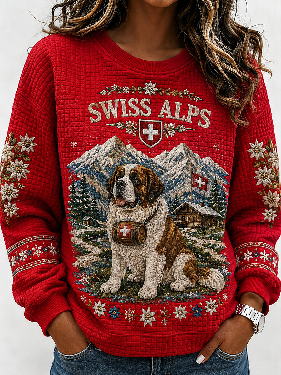 Damen-Sweatshirt aus Waffelpiqué mit Schneeberg-, Tier- und Blumenmuster