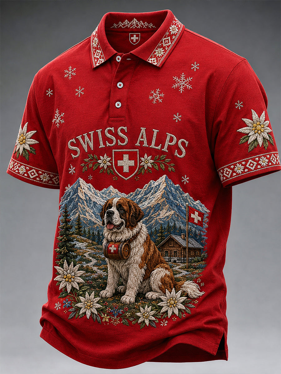 Herren-Poloshirt mit kurzen Ärmeln, Schneeberg-, Tier- und Blumenmuster