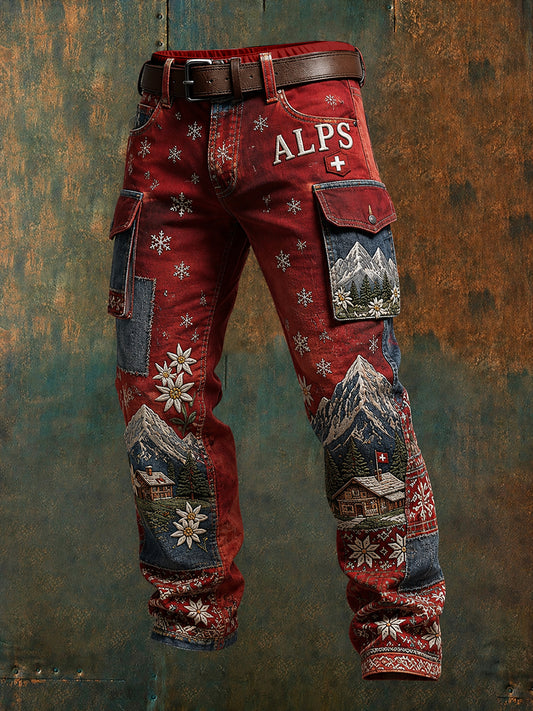 Herren-Flanellhose mit Blumen-Patchworkmuster für den Schneeberg