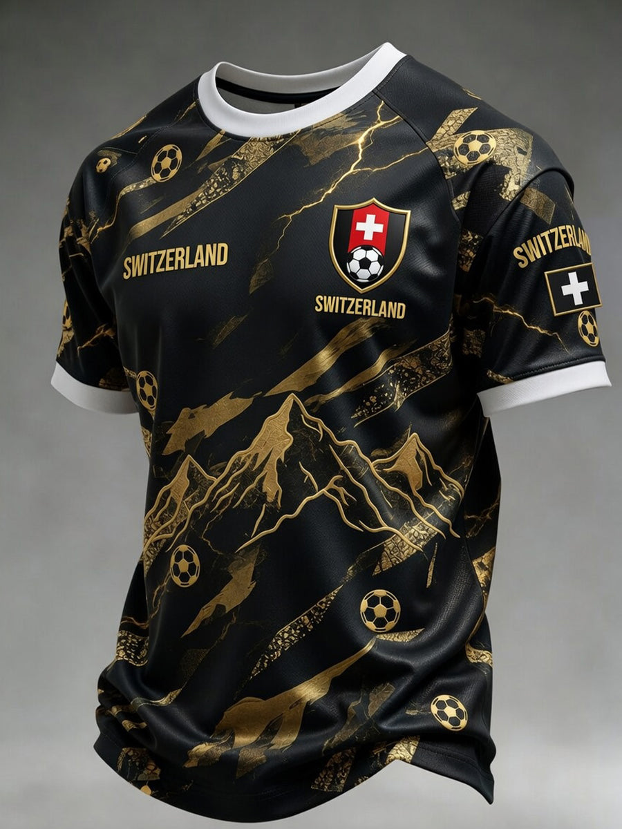 Retro-Fußball‑Casual‑Trikot im Schweizer Stil mit gesticktem Blumenmuster