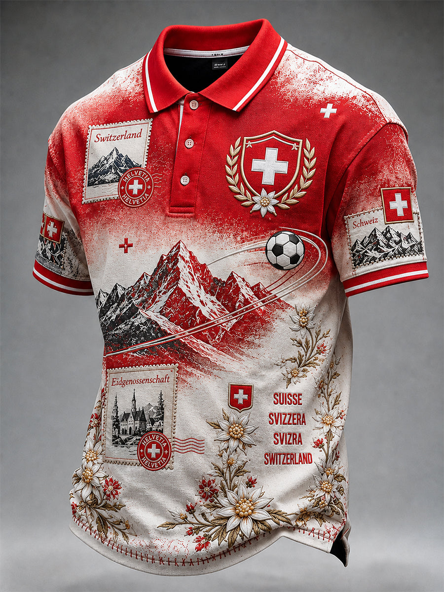 Retro-Fußball‑Casual‑Trikot im Schweizer Stil mit gesticktem Blumenmuster