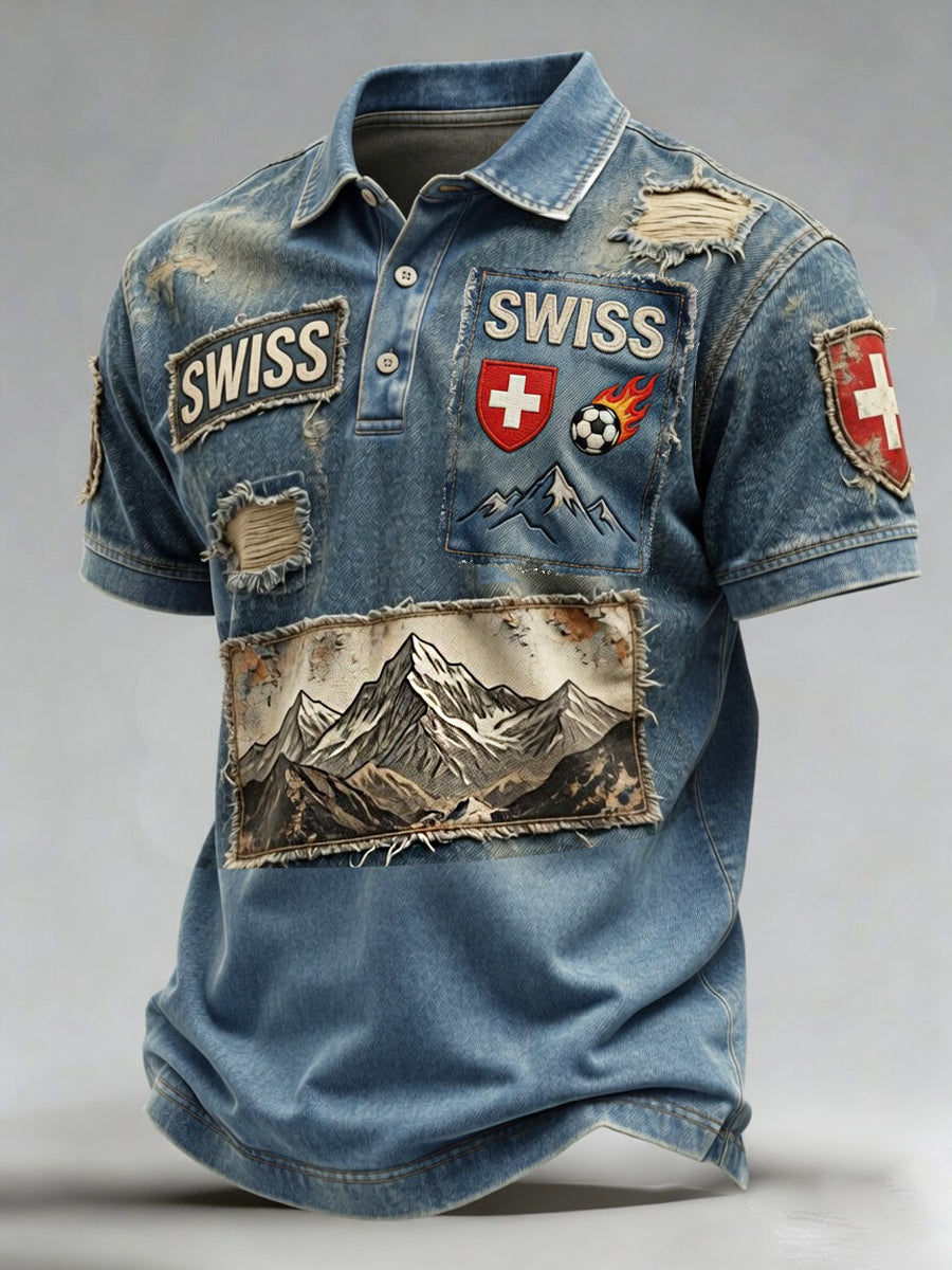 Retro-Fußball‑Casual‑Trikot im Schweizer Stil mit gesticktem Blumenmuster