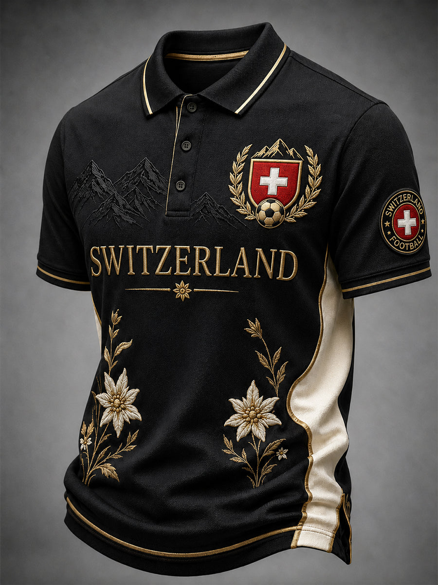 Retro-Fußball‑Casual‑Trikot im Schweizer Stil mit gesticktem Blumenmuster