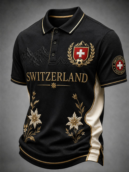 Retro-Fußball‑Casual‑Trikot im Schweizer Stil mit gesticktem Blumenmuster