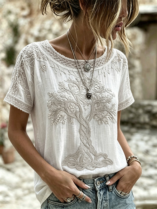Vikinger-Lebensbaum-Keltisches Kunstmotiv – Damen-T-Shirt aus Leinen mit kurzen Ärmeln