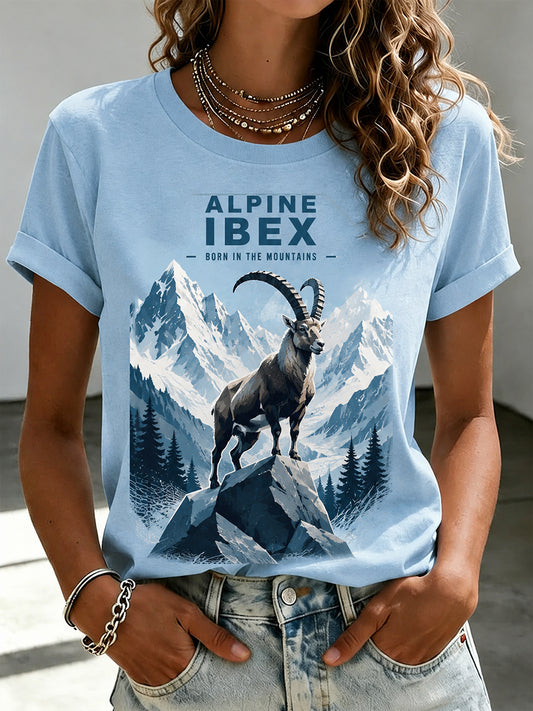 Damen-Snow-Mountain-T-Shirt mit Tiermuster und kurzen Ärmeln