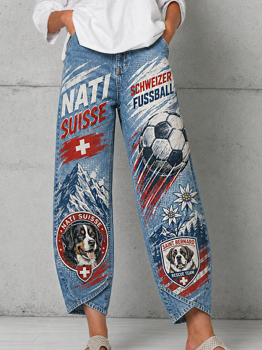 Retro-Schweizer Fußball-Fan‑Art‑Print lässige Jeans