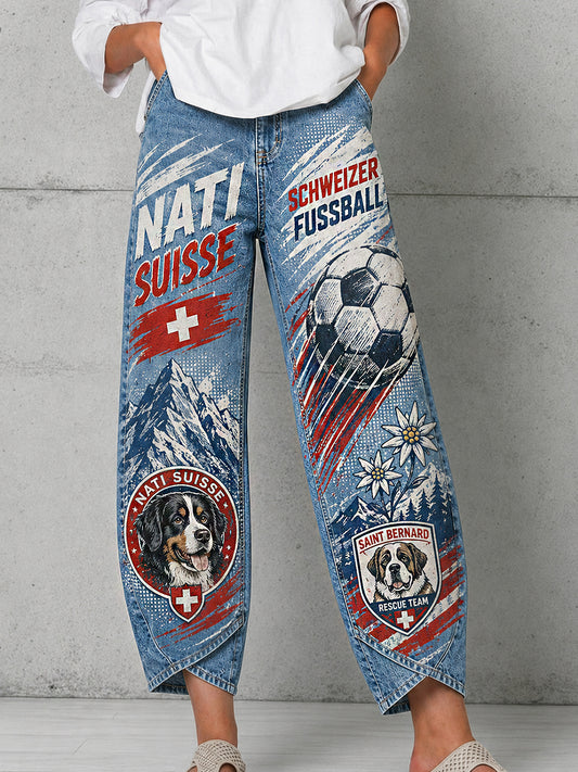Retro-Schweizer Fußball-Fan‑Art‑Print lässige Jeans