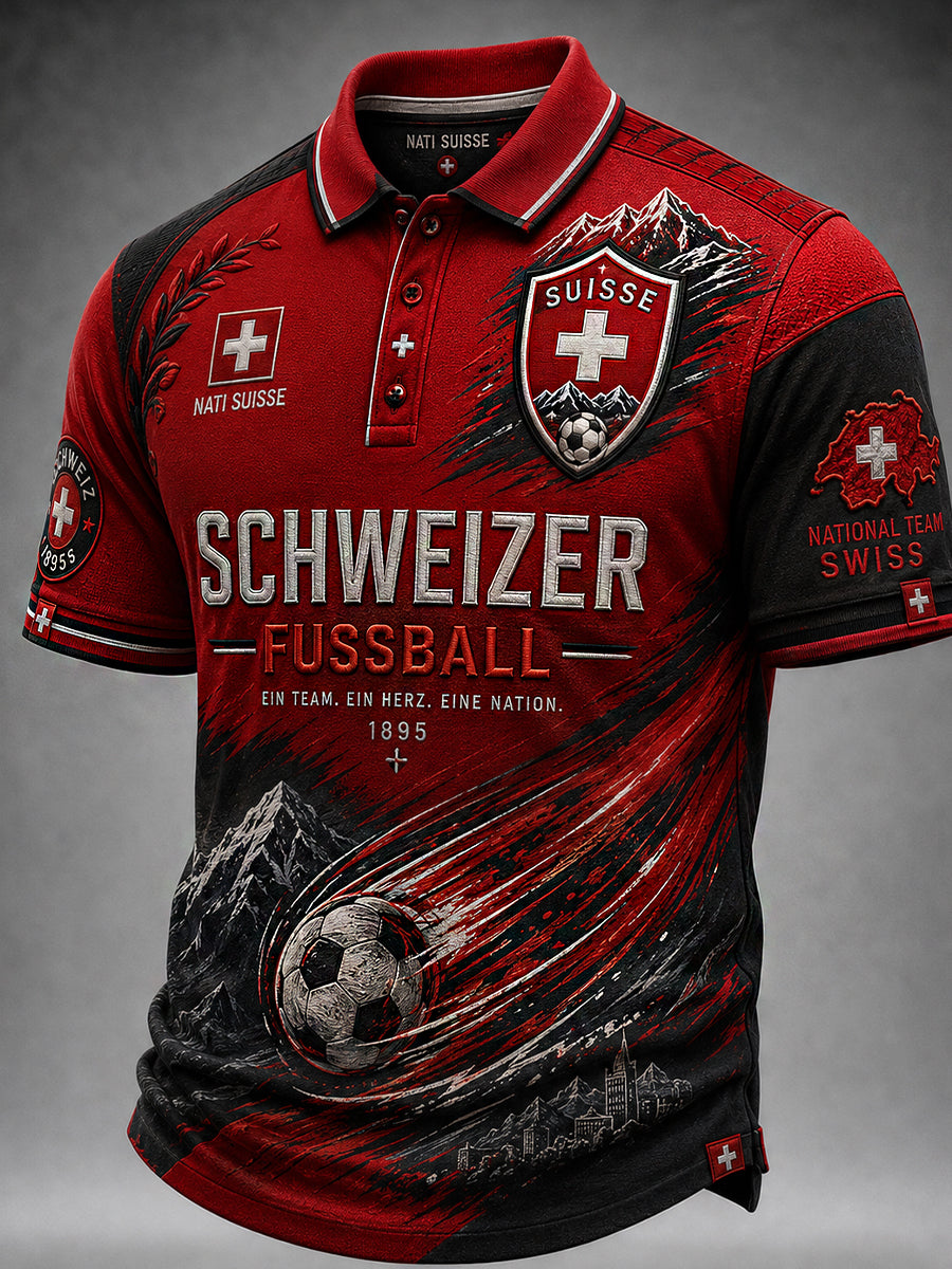 Retro-Schweizer Fußball-Fan‑Art‑Print lässiges Poloshirt