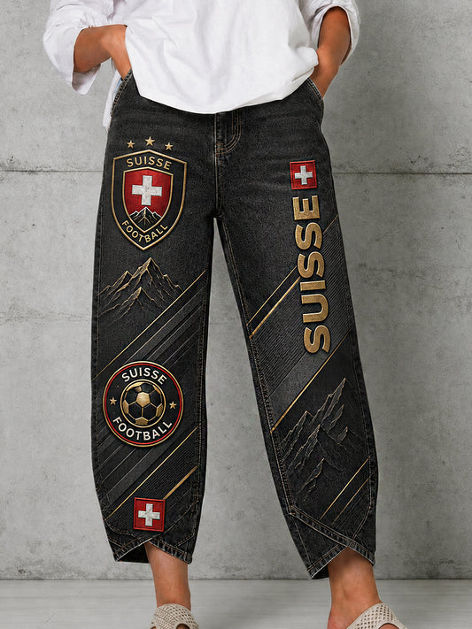 Retro-Schweizer Fußball-Fan‑Art‑Print lässige Jeans