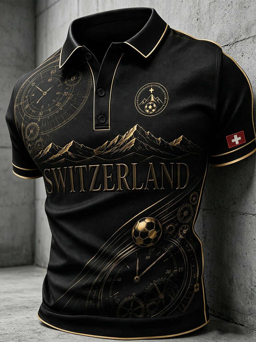 Herren-Poloshirt mit Retro-Fußball-Print und kurzen Ärmeln